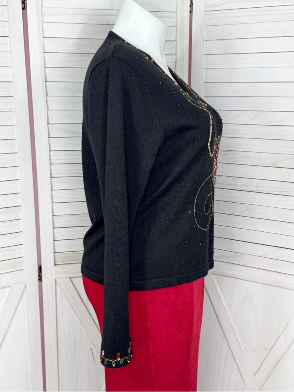 Vintage 90s Jack B Quick Embroidered Beaded Heart Cottagecore Sweater Black XL - Picture 3 of 11